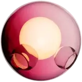Bocci 28 pendant lamp, pink glass, features a large sphere with integrated white light and two smaller attached orbs, olive background.